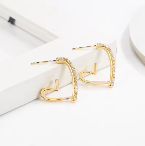Small Gold-Tone Crystal-Accented Heart Earrings