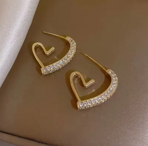 Small Gold-Tone Crystal-Accented Heart Earrings