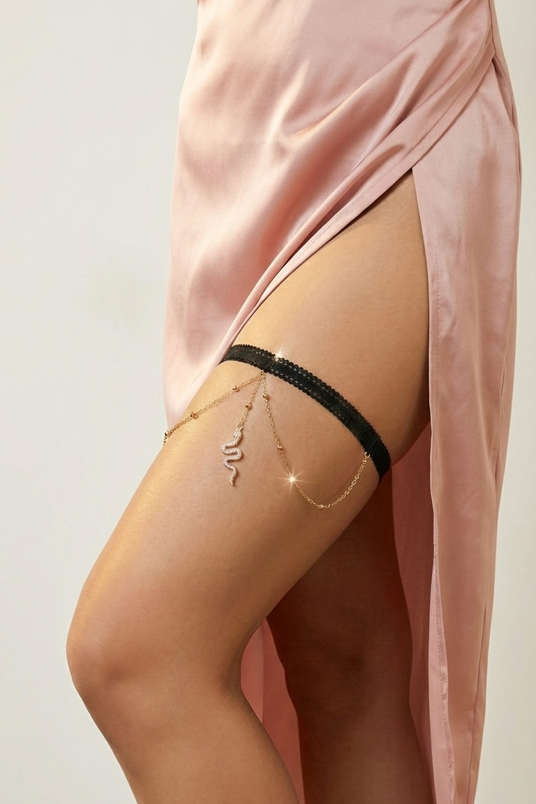 Person wearing sheer stockings with a gold necklace against a light pink satin fabric background