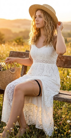 Woman in a white lace dress sitting on a wooden bench in a field with mountains in the background.