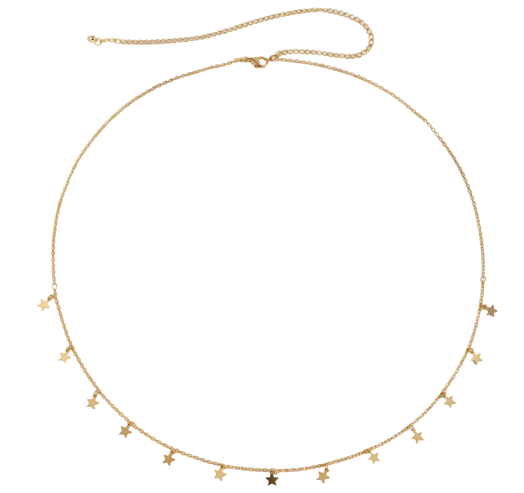 Gold necklace with star-shaped pendants on a white fabric background