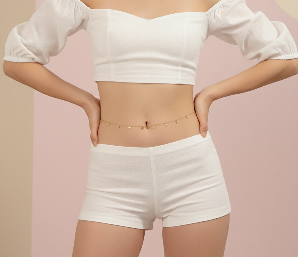 Person wearing a white top and shorts with a gold necklace on a pink background