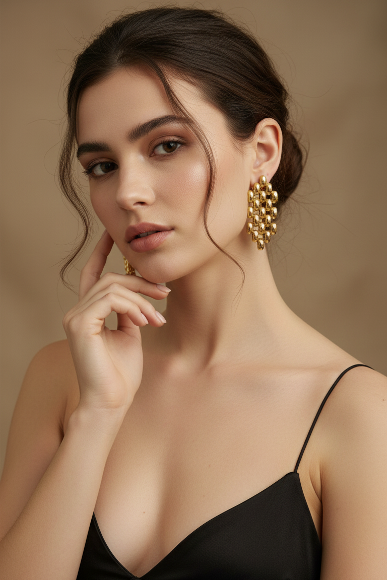Woman wearing gold earrings against a beige background