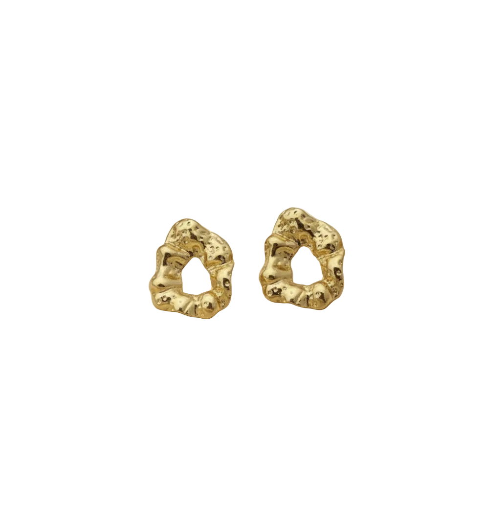 Statement Gold-Tone Molten Nugget Stainless Steel Earrings - ORYX TREND EaringA pair of bold and contemporary earrings featuring a distinctive, organic, "molten" texture. The abstract, irregular shape and hammered-look finish give them a high-fashion, artisanal appeal. Crafted from durable stainless steel and finished in a bright gold tone, these earrings are designed to be long-lasting and make a powerful statement. Perfect for adding a modern, sculptural touch to any outfit.Default Title#