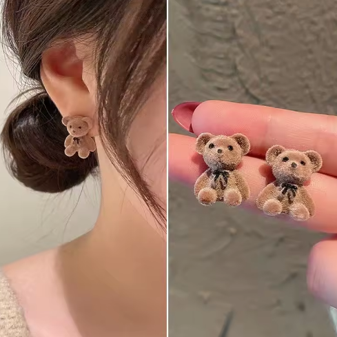 Flocked Teddy Bear Stud Earrings - ORYX TREND EaringAdorable, miniature teddy bear stud earrings covered in a soft, fuzzy flocked (velvet) texture and finished with a tiny black bow tie.Default Title#