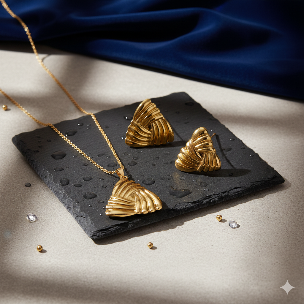 Textured Woven Gold Jewelry Set - ORYX TREND Necklace SetMatching necklace and stud earrings featuring a woven, basket-weave design.Default Title#