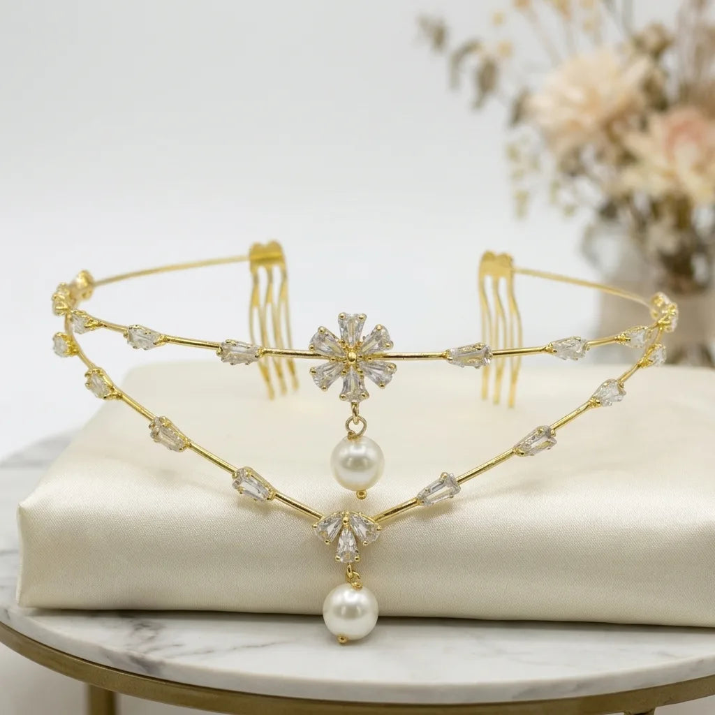 Thalassa Pearl Veil Chain | Crystal Layered Bridal Hair Chain