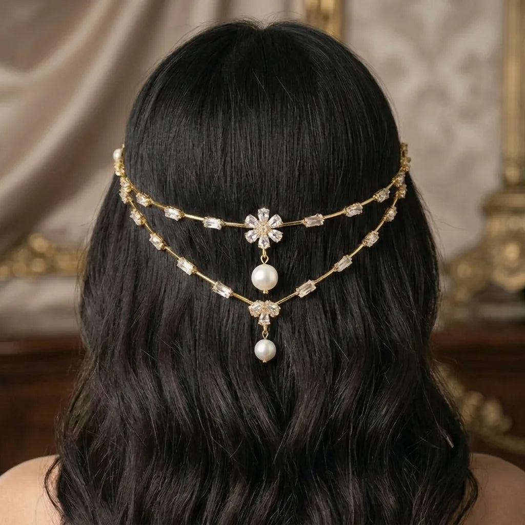 Thalassa Pearl Veil Chain | Crystal Layered Bridal Hair Chain