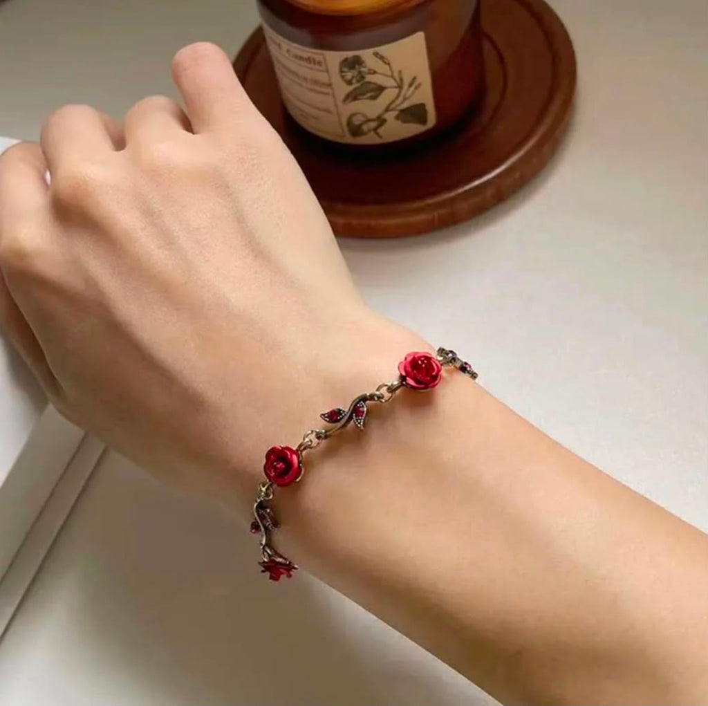Red Rose Charm Bracelet | Gold Floral Rose Bracelet for Women