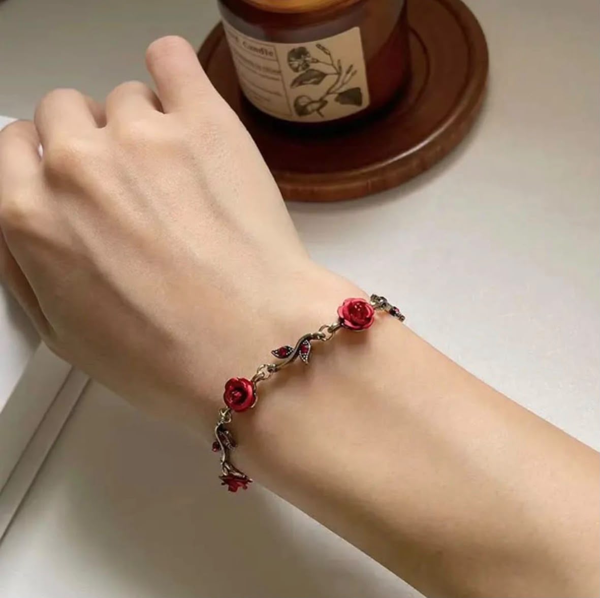 Red Rose Charm Bracelet | Gold Floral Rose Bracelet for Women