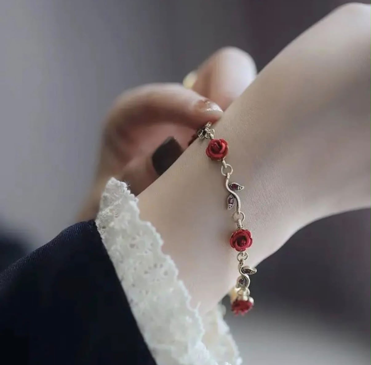 Red Rose Charm Bracelet | Gold Floral Rose Bracelet for Women