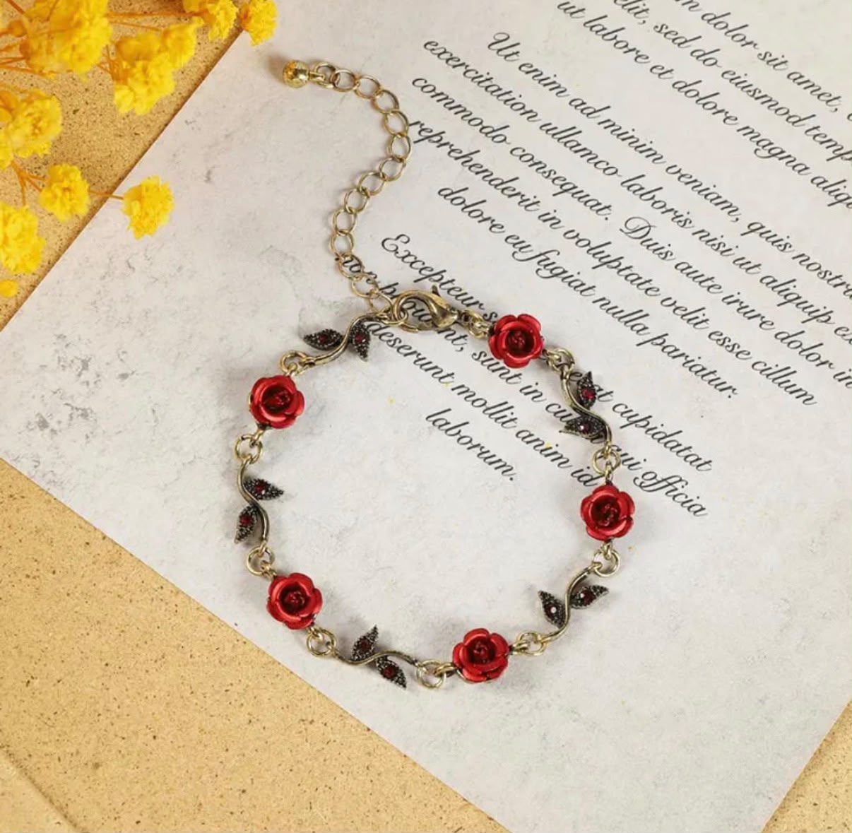 Red Rose Charm Bracelet | Gold Floral Rose Bracelet for Women