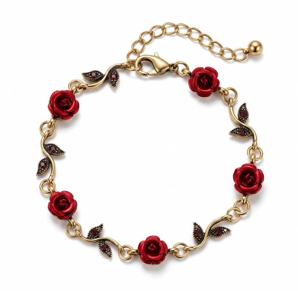 Red Rose Charm Bracelet | Gold Floral Rose Bracelet for Women