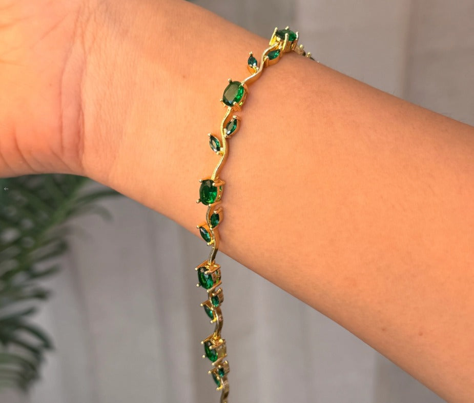 Emerald Green Stone Bracelet | Gold Green CZ Tennis Bracelet for Women
