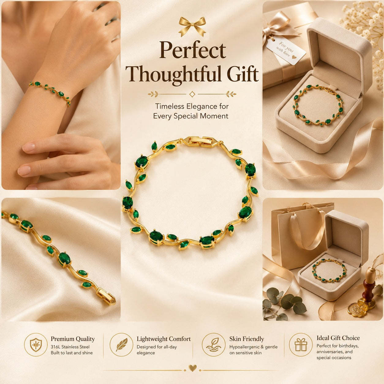 Emerald Green Stone Bracelet | Gold Green CZ Tennis Bracelet for Women