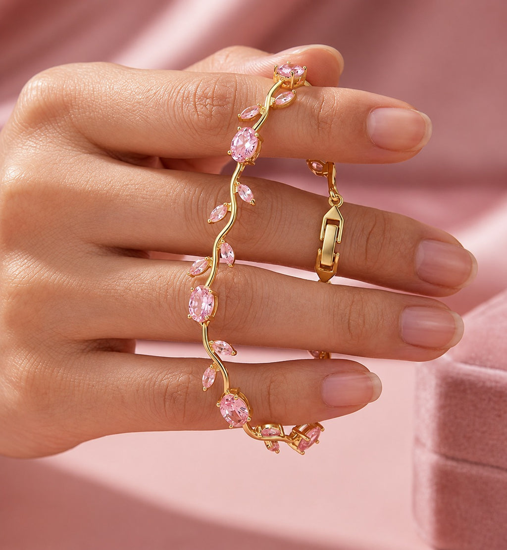 Pink Stone Tennis Bracelet | Gold Pink CZ Bracelet for Women
