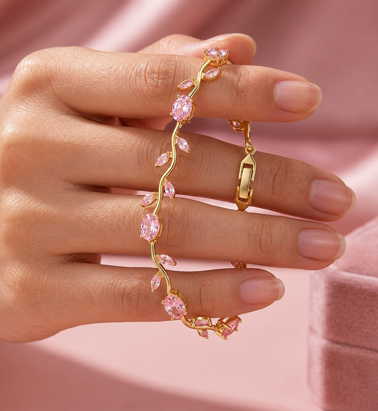 Pink Stone Tennis Bracelet | Gold Pink CZ Bracelet for Women
