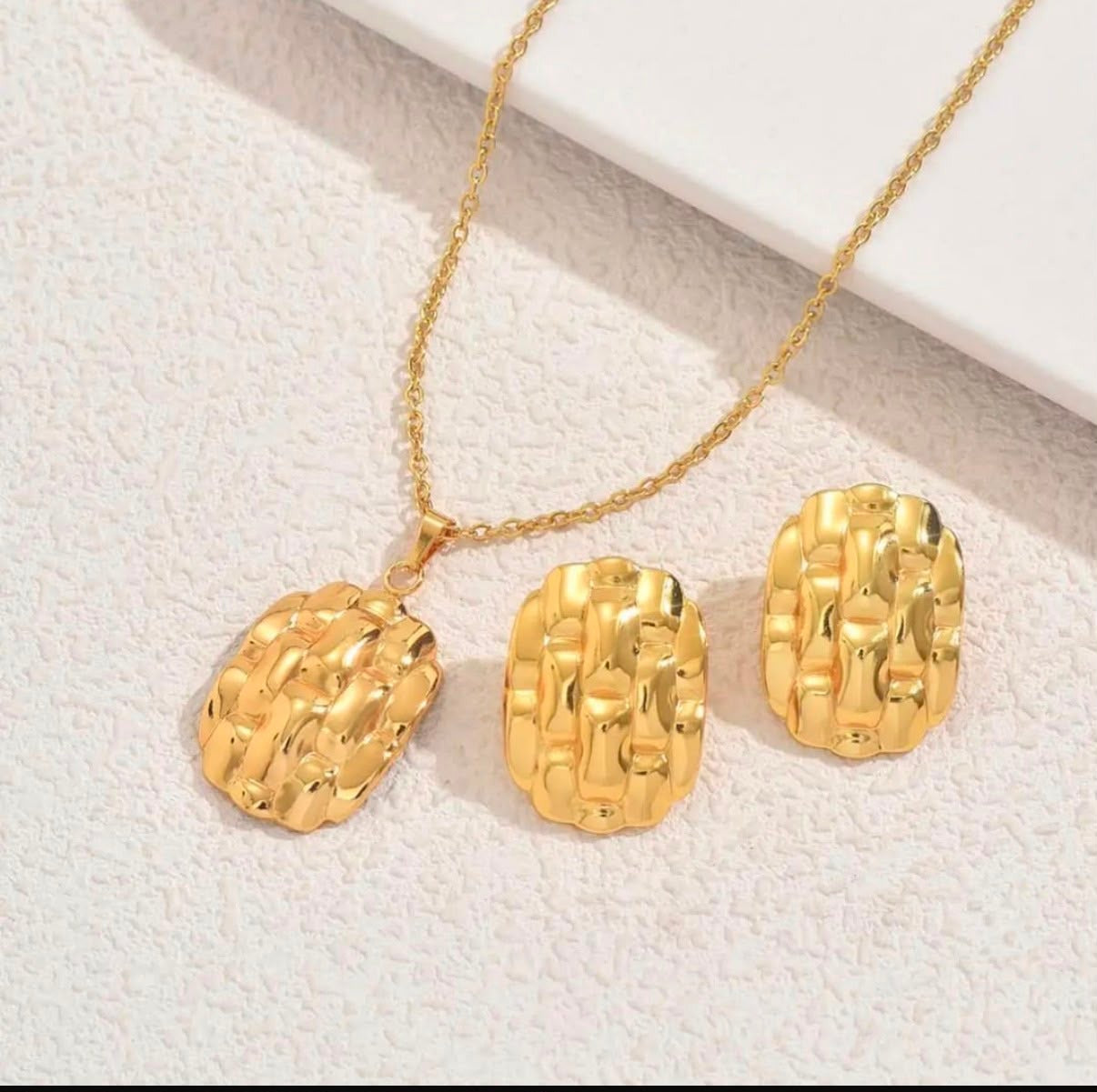 Gold Textured Pendant Necklace & Earrings Set for Women