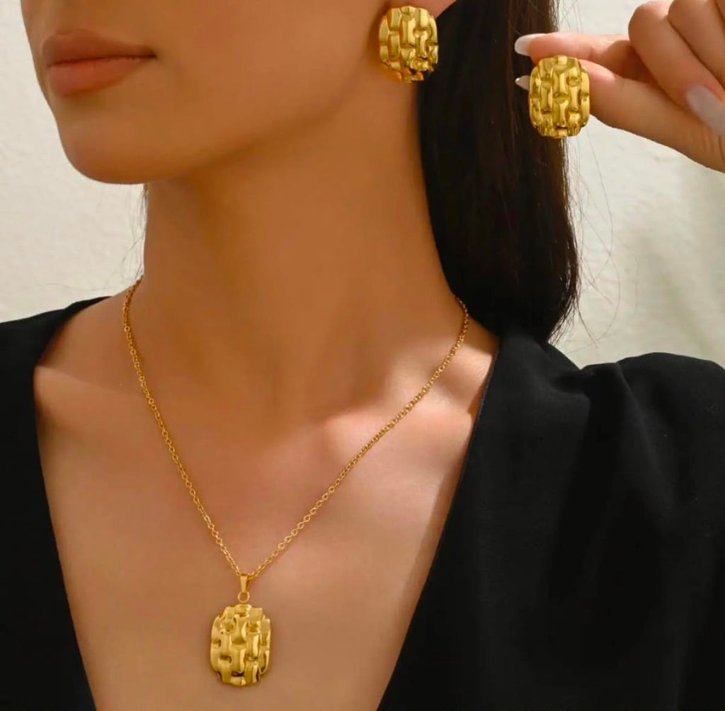Gold Textured Pendant Necklace & Earrings Set for Women