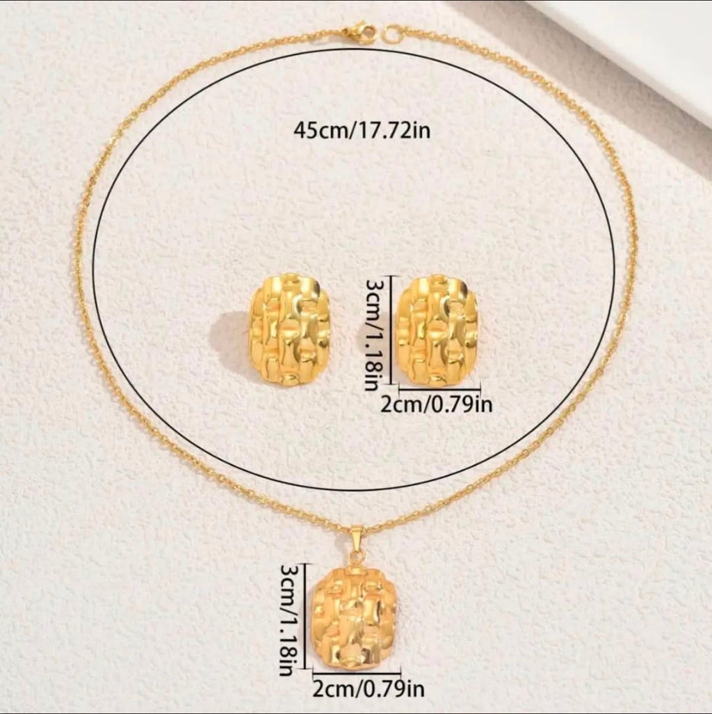Gold Textured Pendant Necklace & Earrings Set for Women
