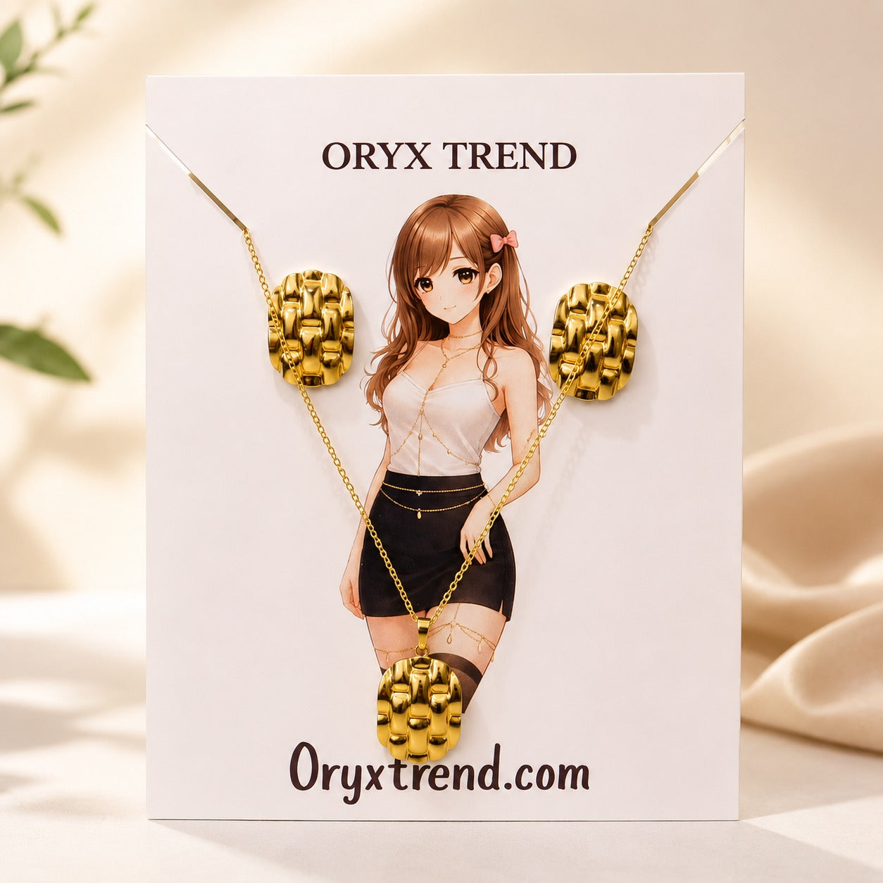 Gold Textured Pendant Necklace & Earrings Set for Women