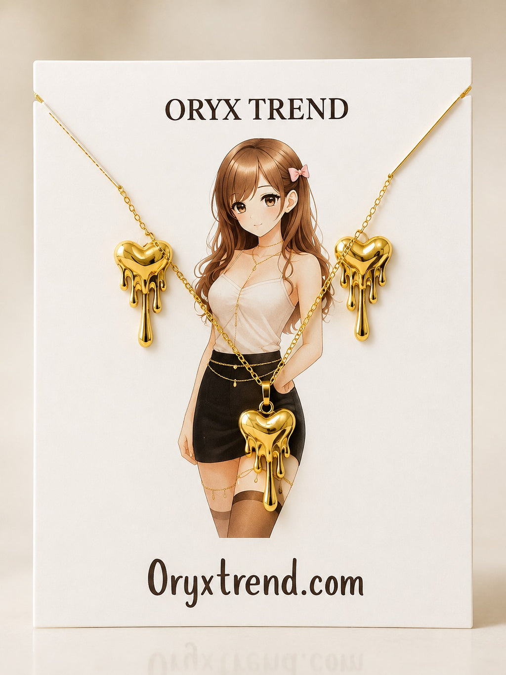 Gold Dripping Heart Necklace & Earrings Set for Women