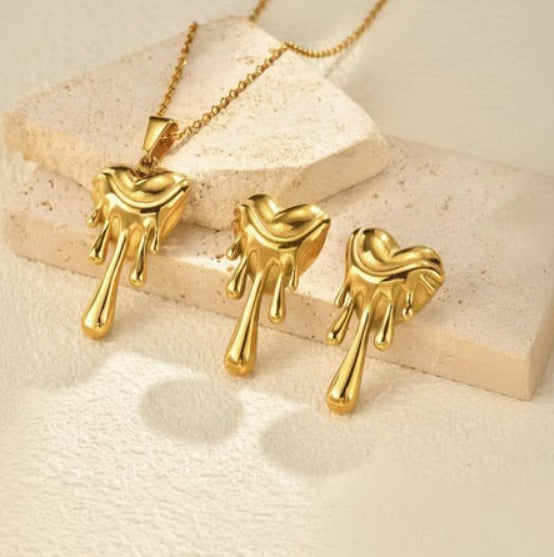 Gold Dripping Heart Necklace & Earrings Set for Women