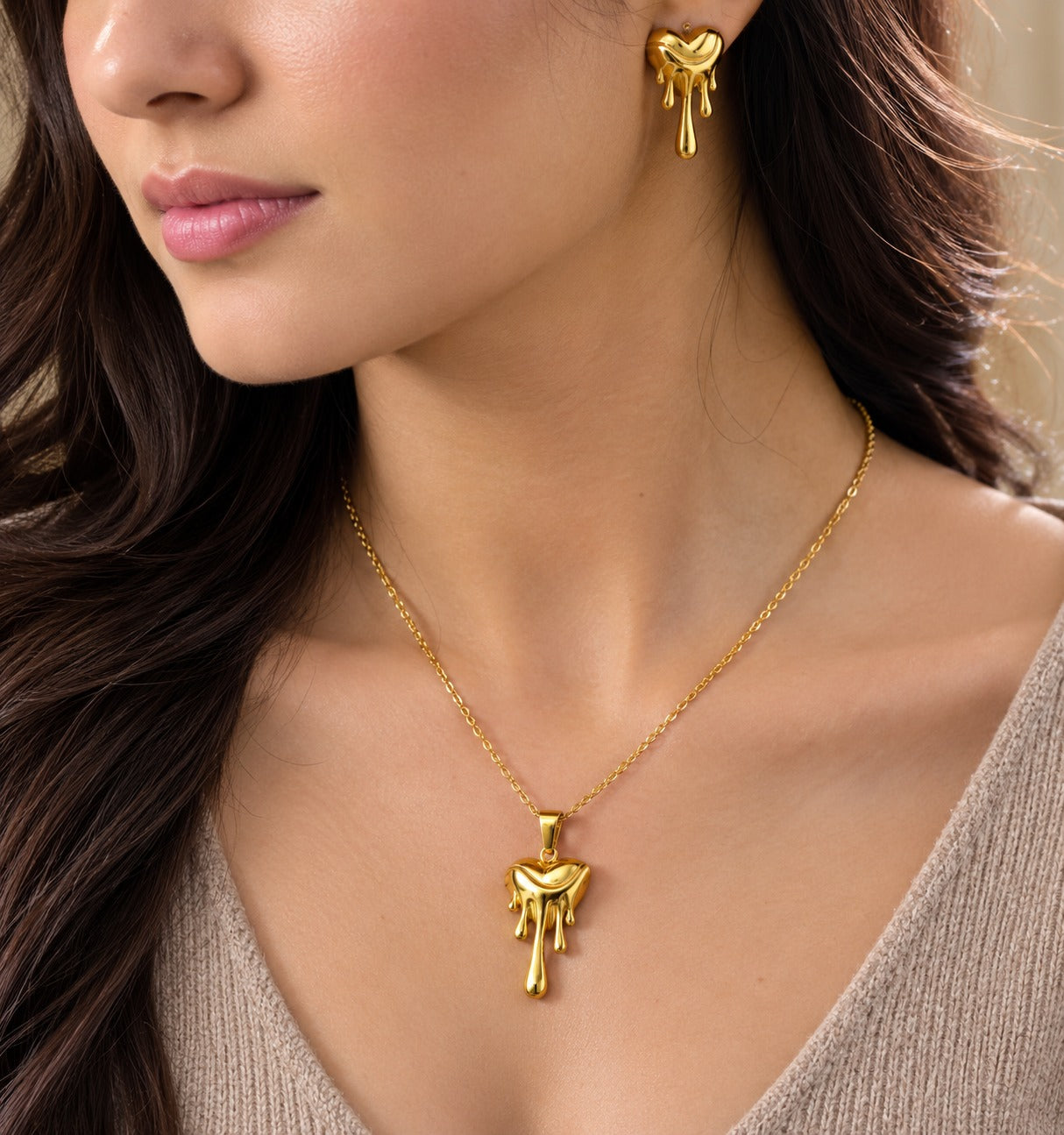 Gold Dripping Heart Necklace & Earrings Set for Women