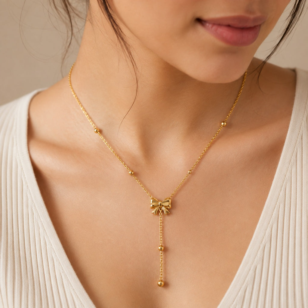 Gold Bow Pendant Necklace for Women