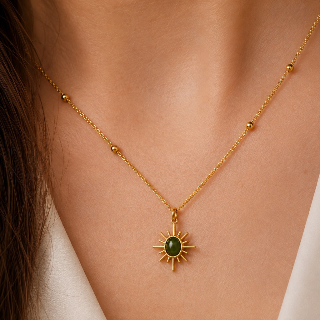 Green Sunburst Pendant Necklace for Women