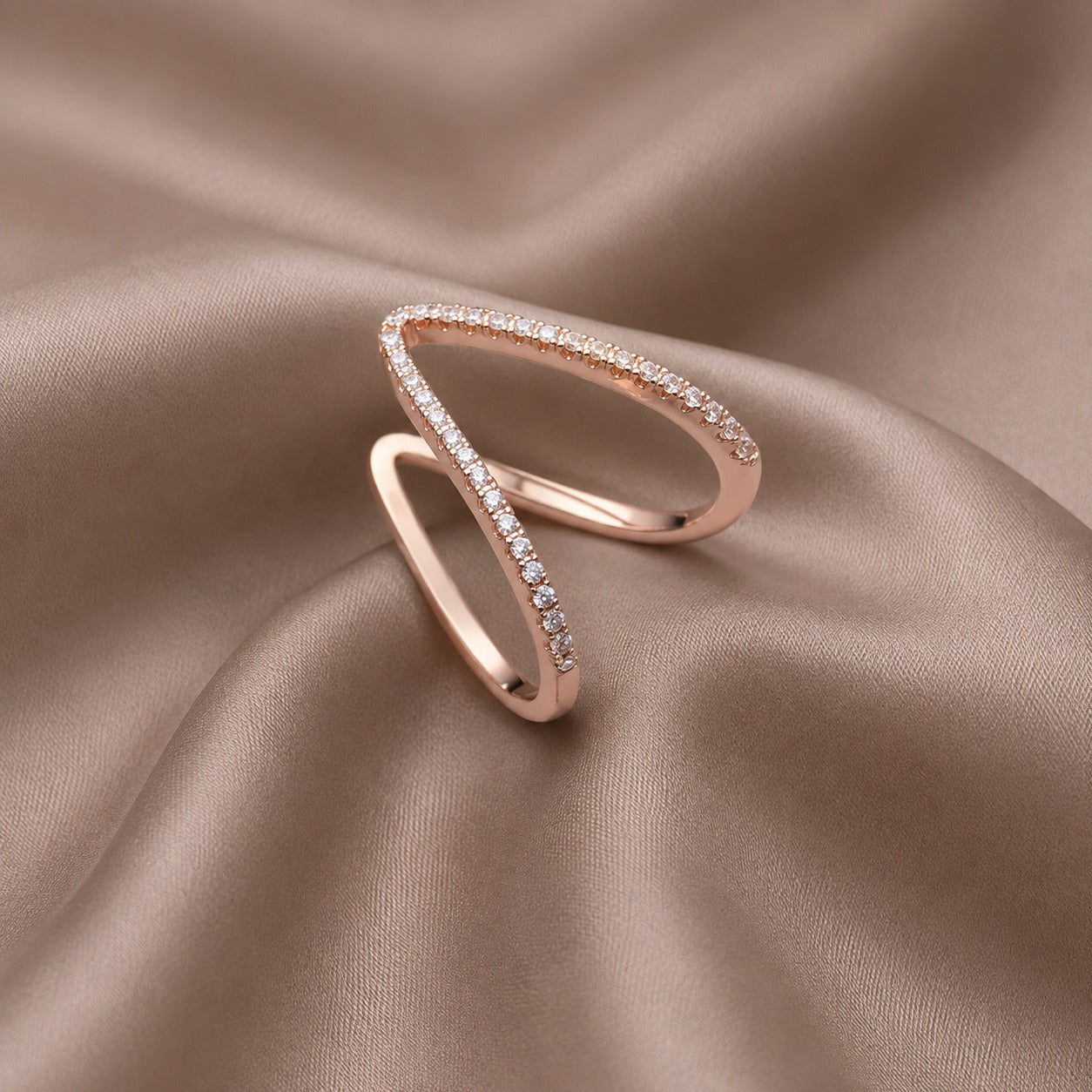 Rose Gold Plated Cubic Zirconia Curved Ring | Artificial Wishbone Band