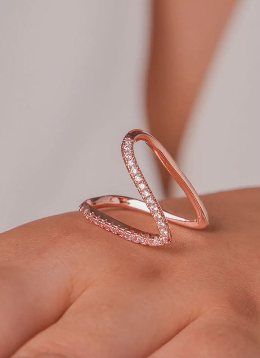 Rose Gold Plated Cubic Zirconia Curved Ring | Artificial Wishbone Band