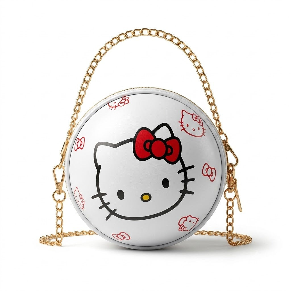 Cute Round Cartoon Kitty Sling Bag – Chain Strap Mini Crossbody Purse