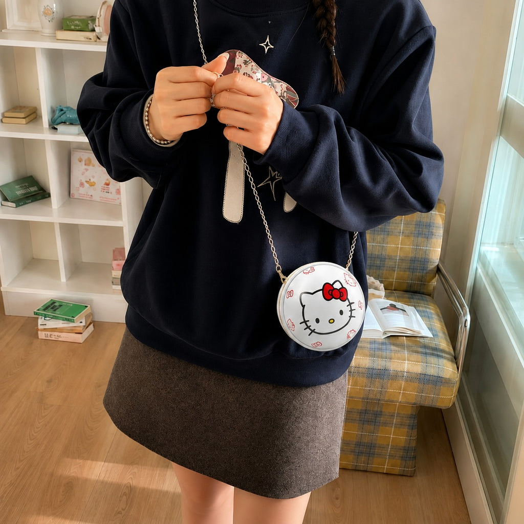 Cute Round Cartoon Kitty Sling Bag – Chain Strap Mini Crossbody Purse
