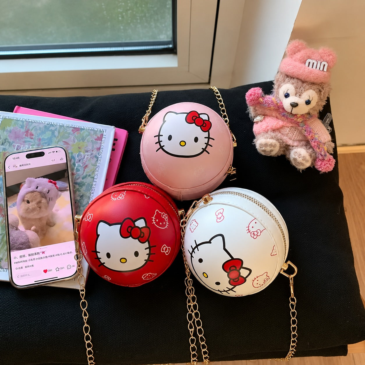 Cute Round Cartoon Kitty Sling Bag – Chain Strap Mini Crossbody Purse
