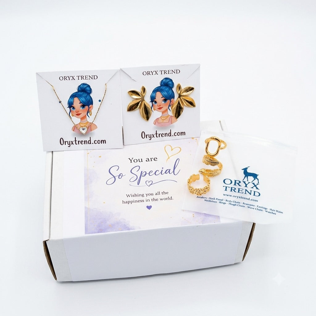 Gold Plated Anti tarnish Jewelry Gift Box Set – Necklace, Earrings & 3 Rings
