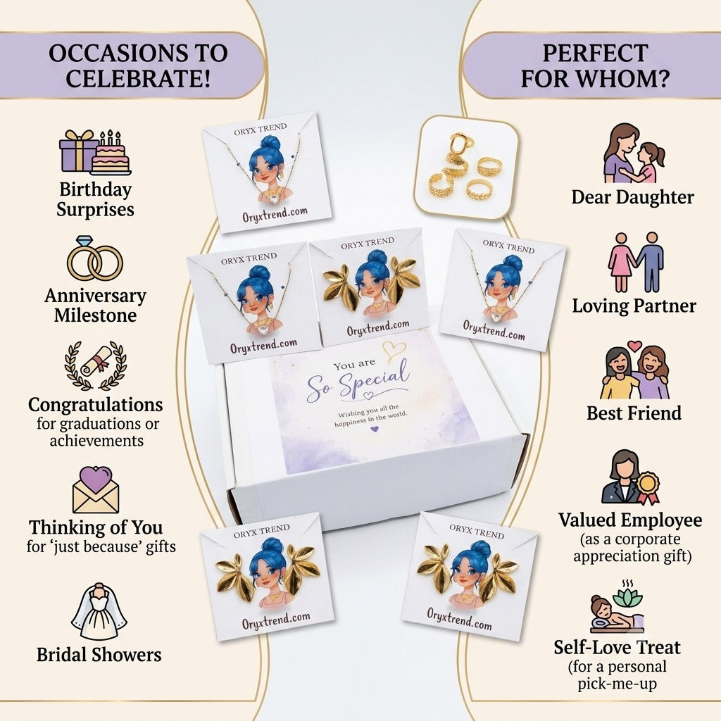Gold Plated Anti tarnish Jewelry Gift Box Set – Necklace, Earrings & 3 Rings