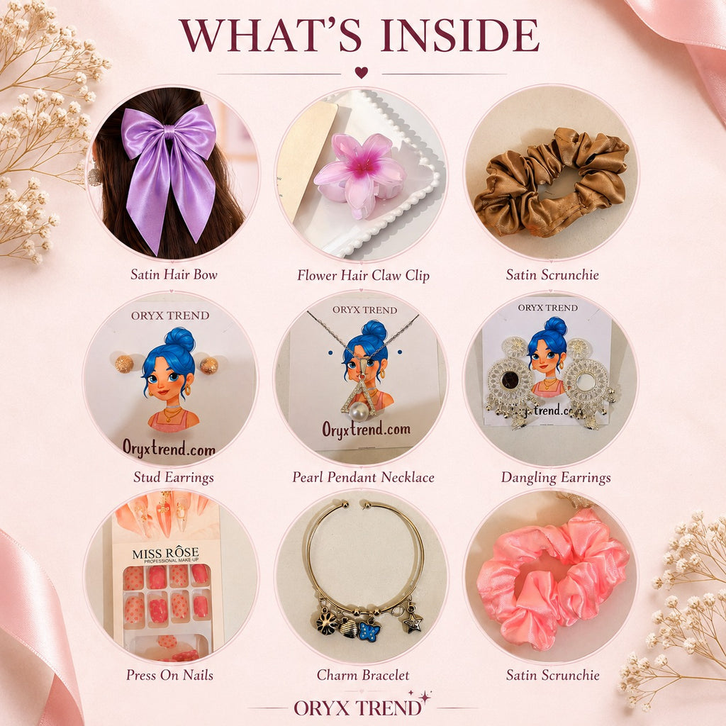 9-Piece Women's Fashion & Beauty Hamper – Jewelry, Hair Accessories & Press-On Nails