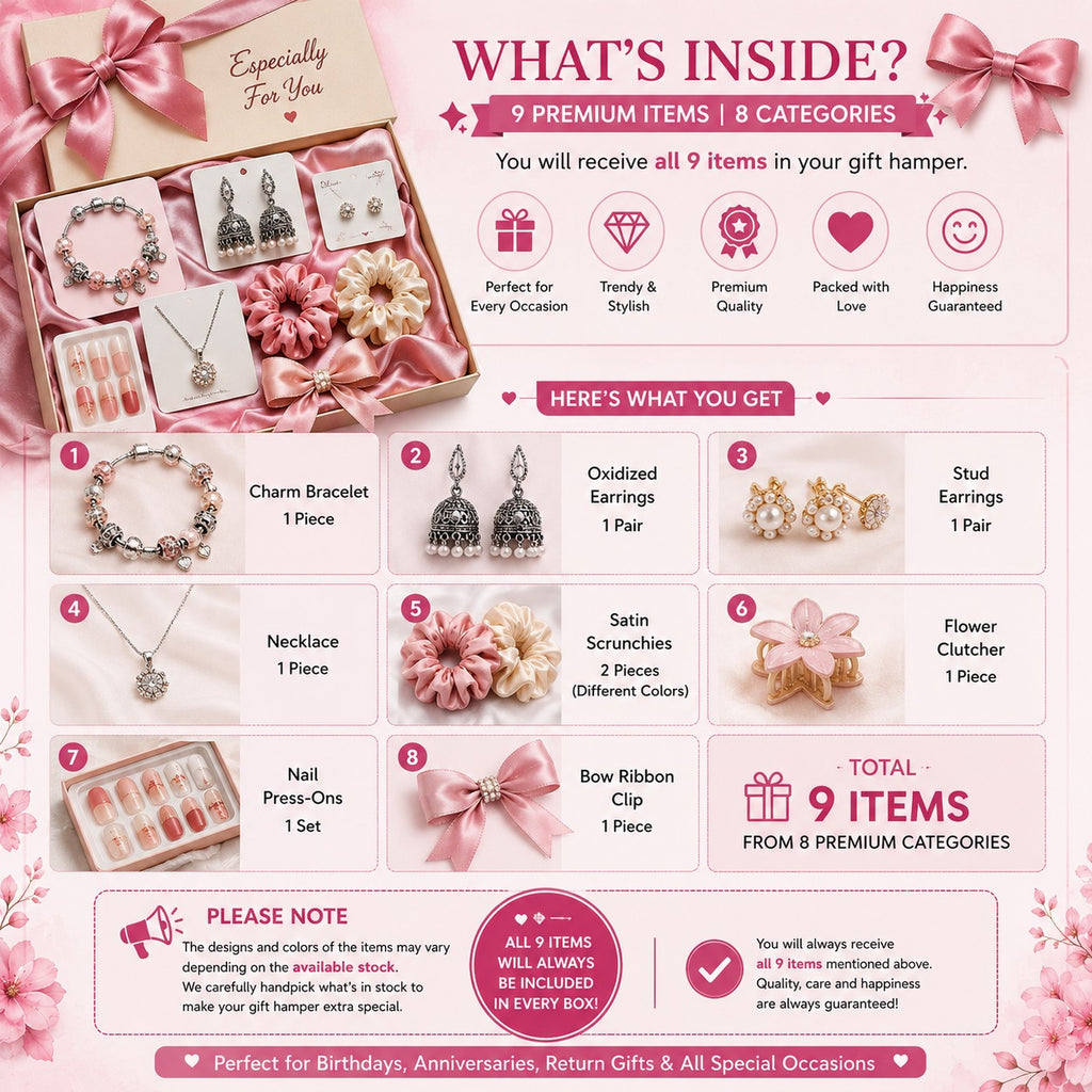 9-Piece Women's Fashion & Beauty Hamper – Jewelry, Hair Accessories & Press-On Nails