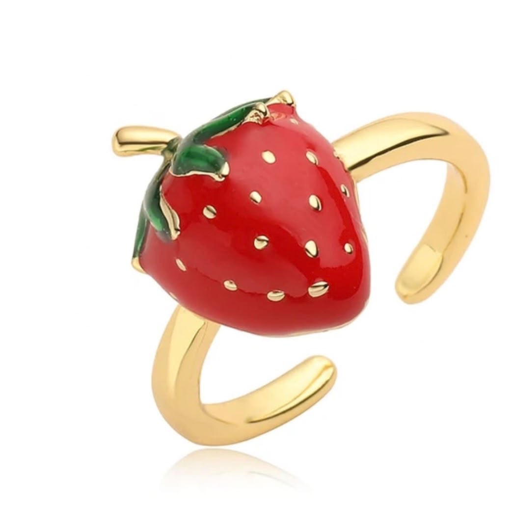 Strawberry Charm Ring for Women | Cute Gold-Plated Ring
