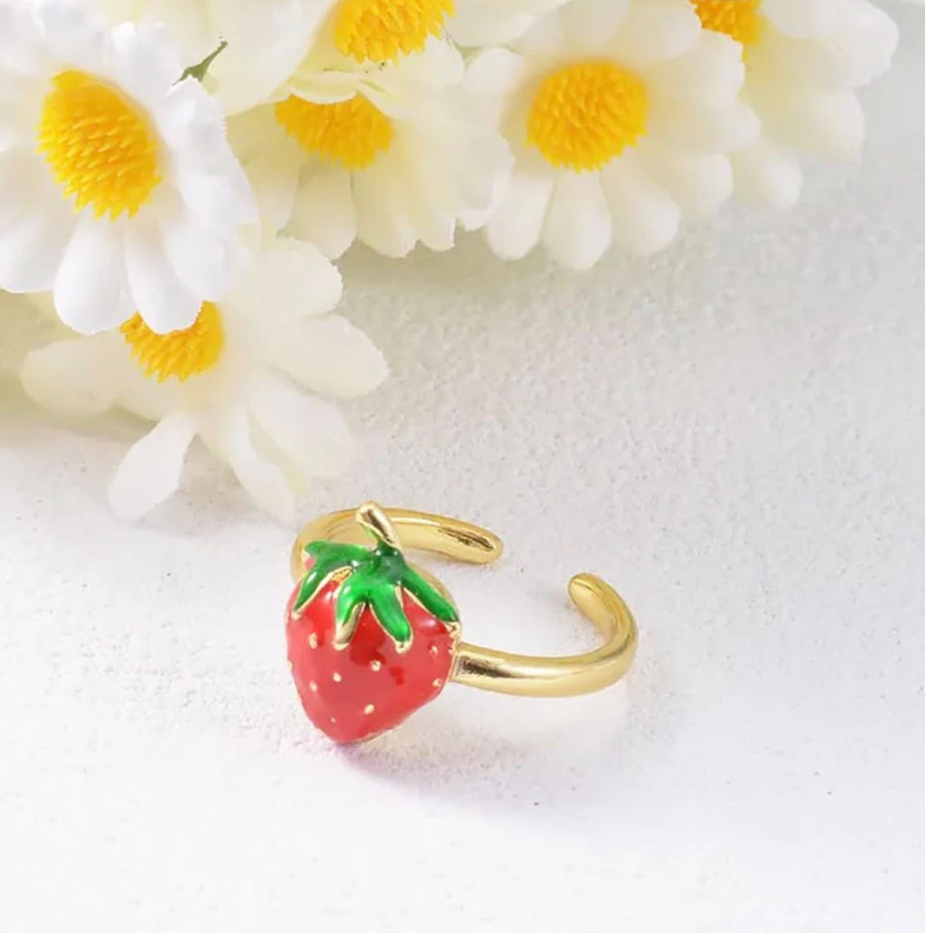 Strawberry Charm Ring for Women | Cute Gold-Plated Ring