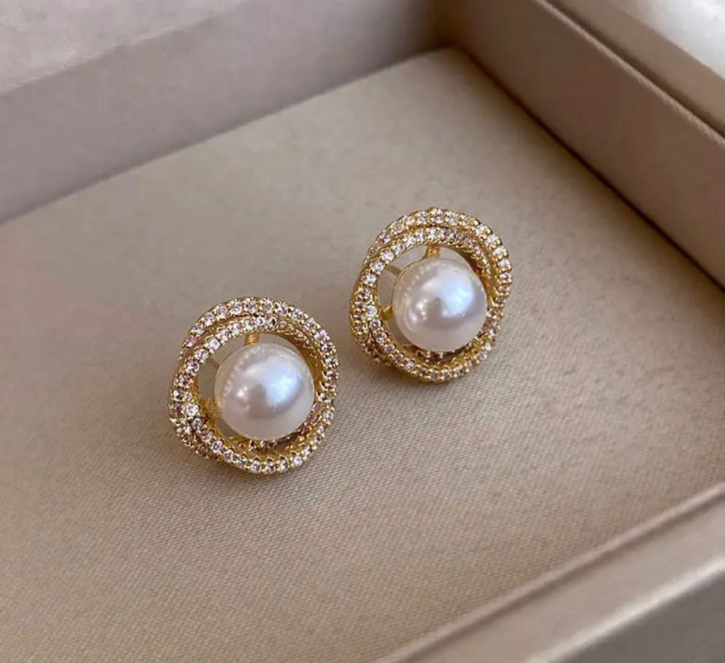 Elegant Pearl Stud Earrings for Women | Gold Tone Crystal Halo Earrings