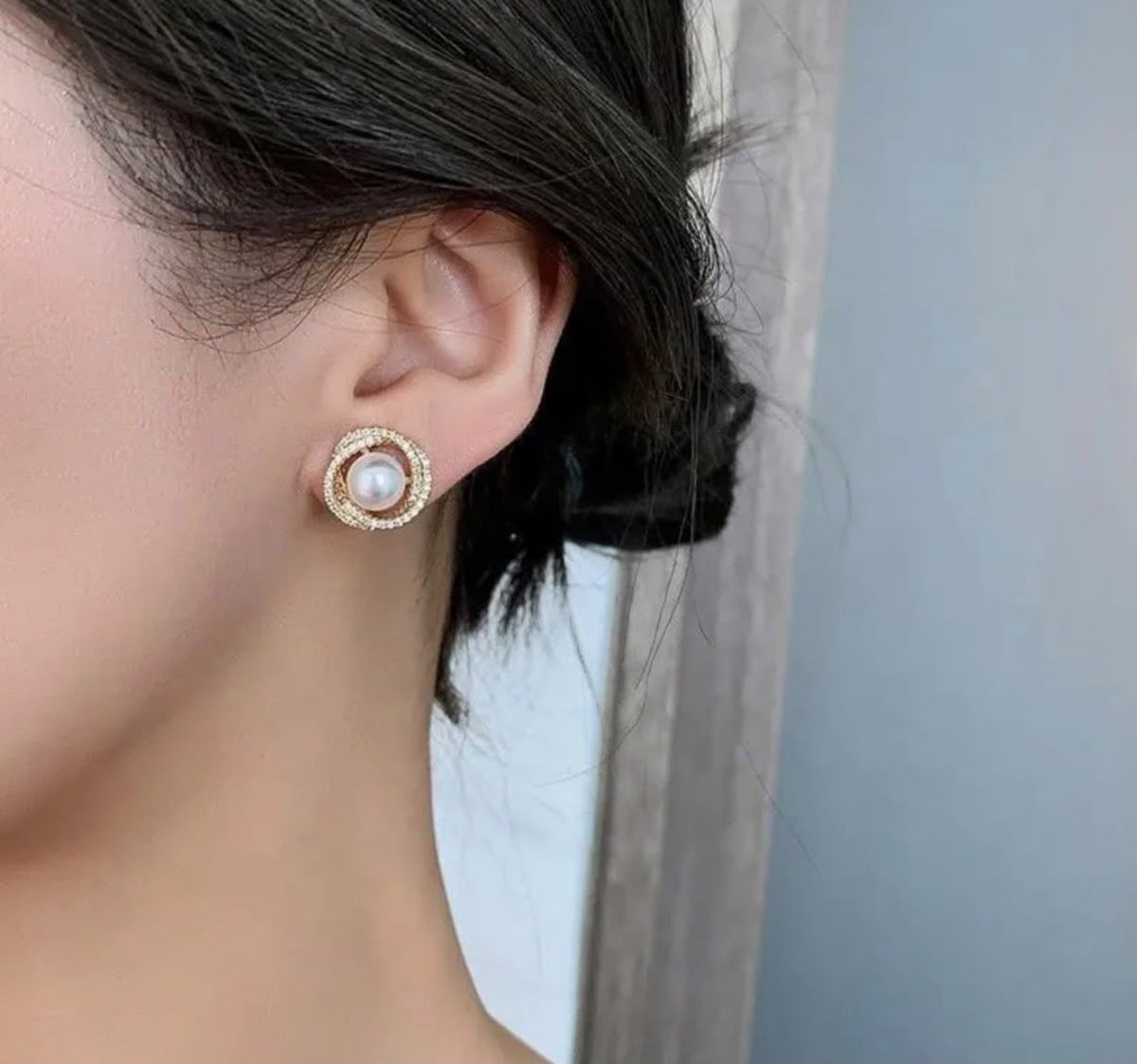 Elegant Pearl Stud Earrings for Women | Gold Tone Crystal Halo Earrings