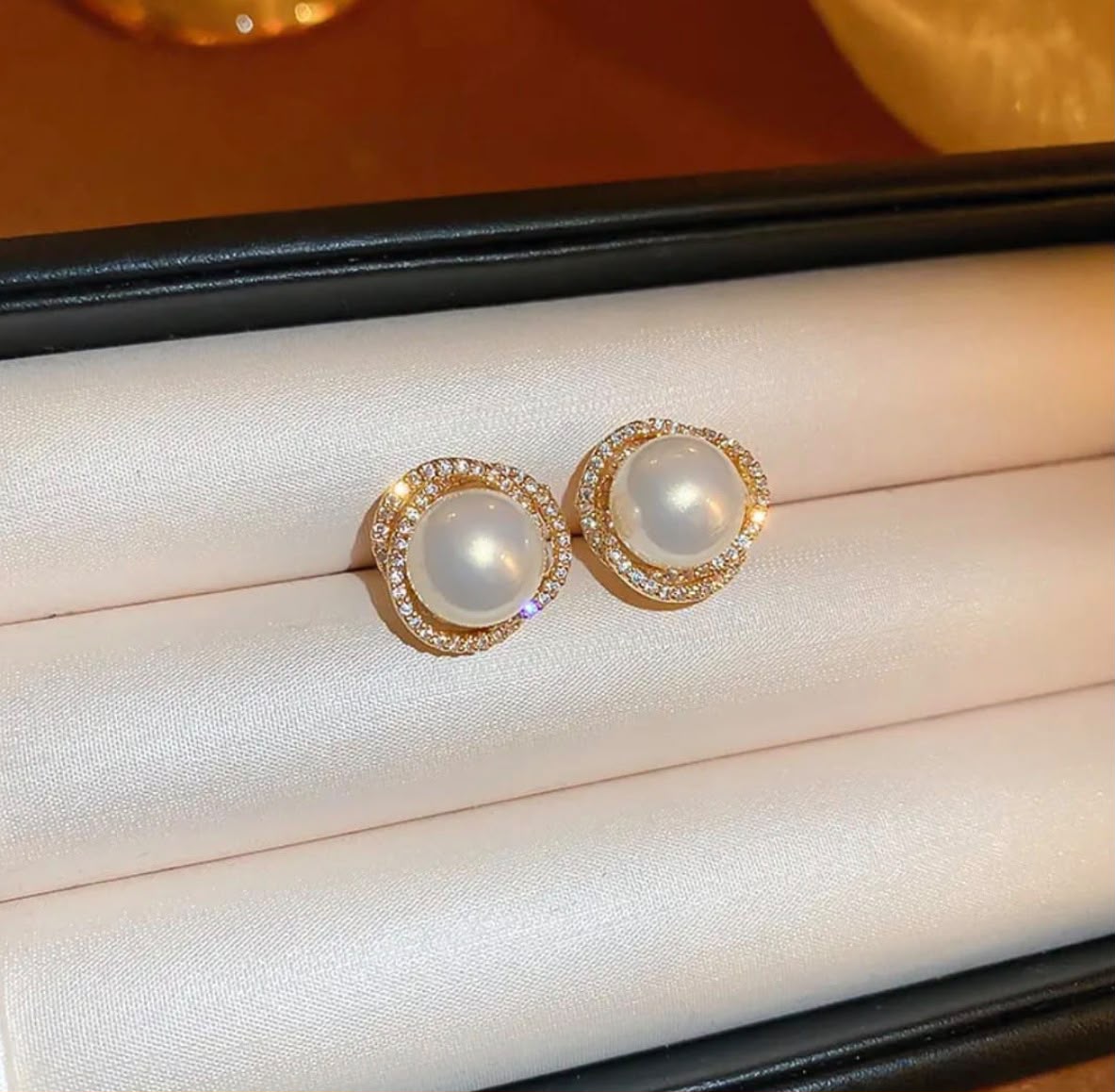 Elegant Pearl Stud Earrings for Women | Gold Tone Crystal Halo Earrings