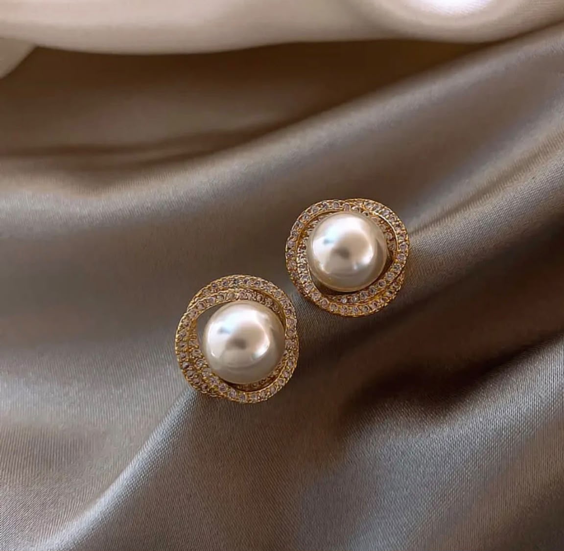 Elegant Pearl Stud Earrings for Women | Gold Tone Crystal Halo Earrings