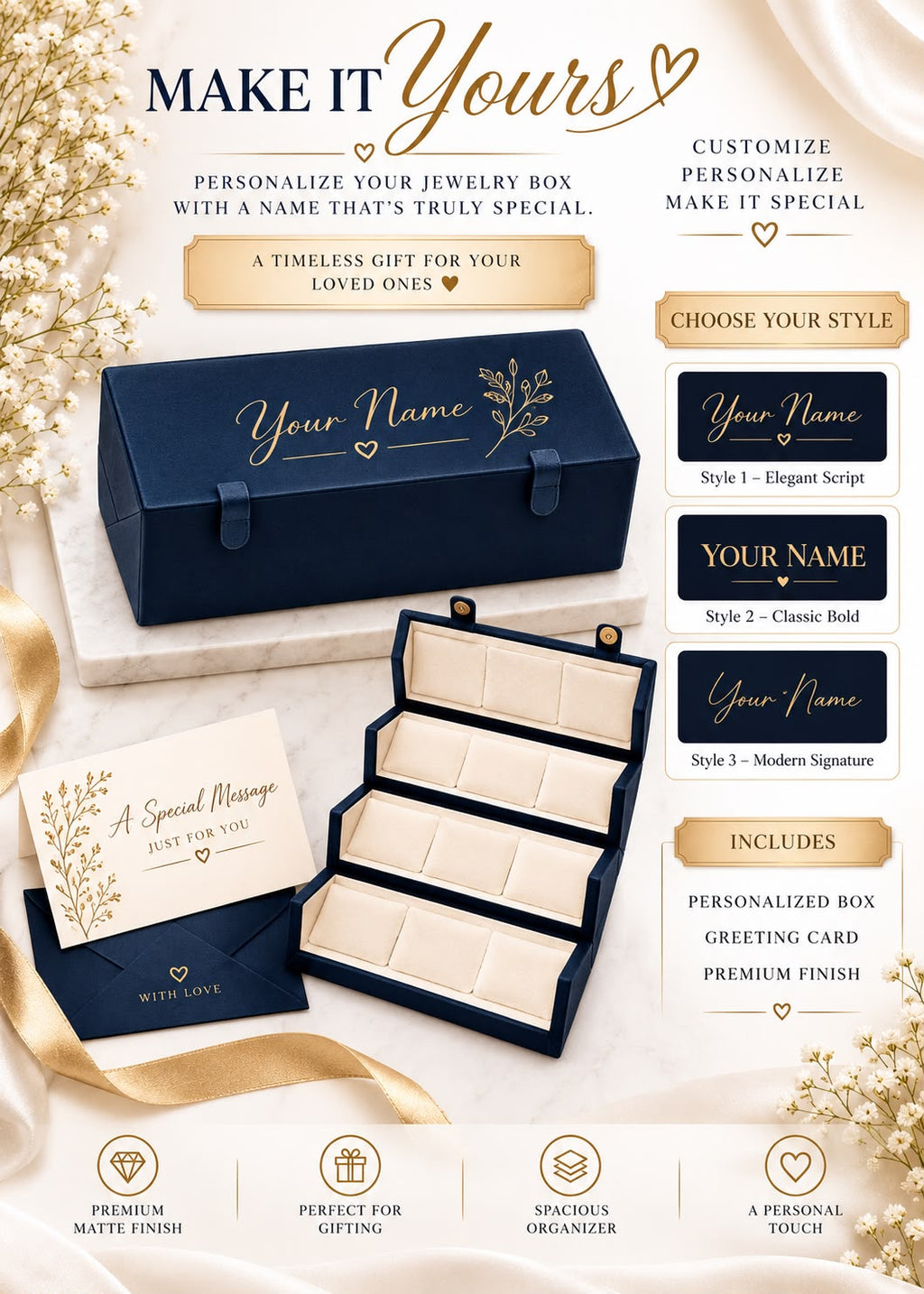Personalized Jewelry Organizer Box – Elegant Gift for Women, Custom Name Jewelry Storage Case