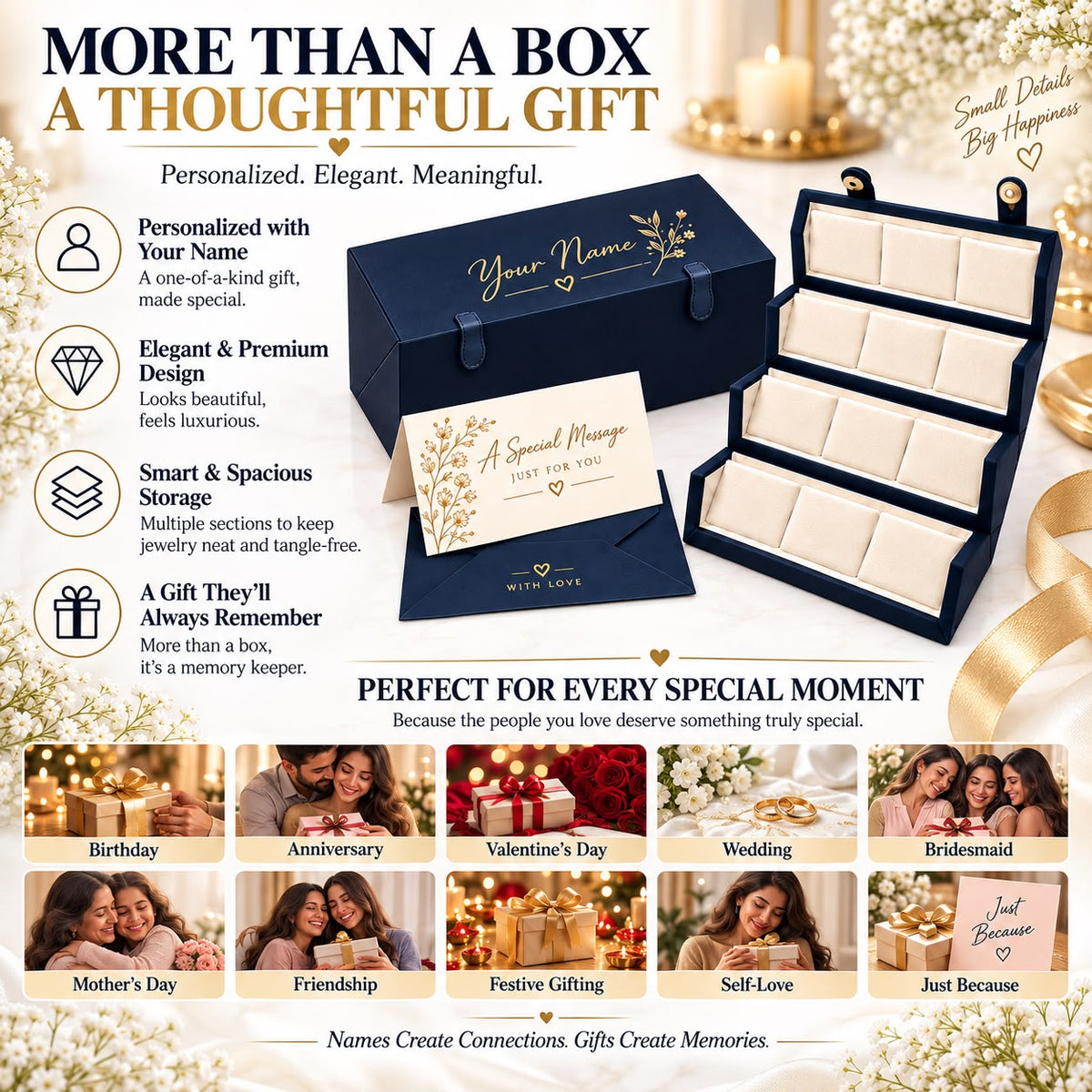 Personalized Jewelry Organizer Box – Elegant Gift for Women, Custom Name Jewelry Storage Case