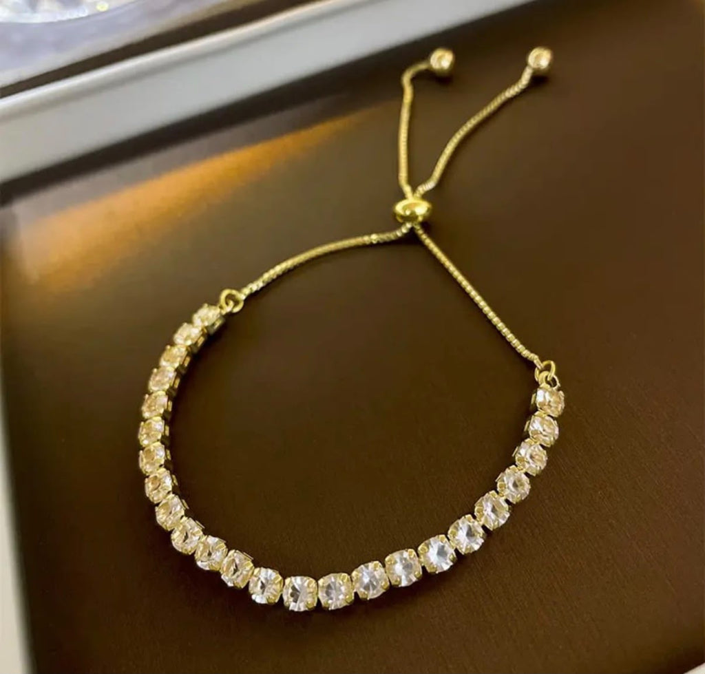 Gold Plated Cubic Zirconia Tennis Bracelet – Adjustable Chain Bracelet for Women