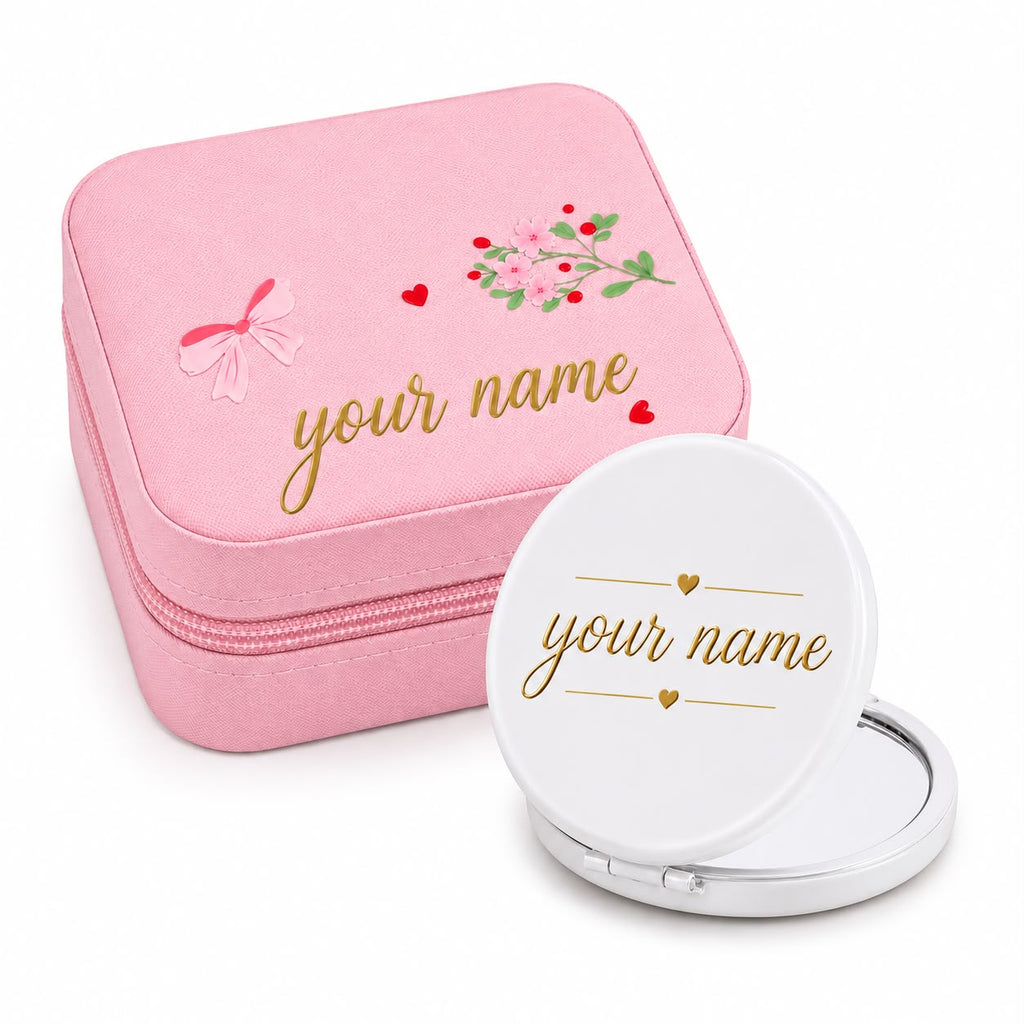 Personalized Jewellery Box with Mini Compact Mirror – Custom Name Gift for Her
