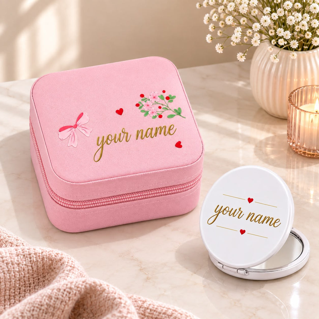 Personalized Jewellery Box with Mini Compact Mirror – Custom Name Gift for Her